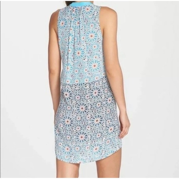 Charlie Jade Mini Dress XS Blue Geometric Mosaic 100% Silk Shift Boho Beach - Picture 9 of 9